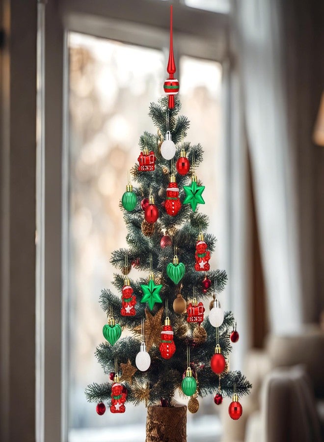 Vertintong 34 Pieces Mini Red and Green Christmas Ball Ornaments Set Vintage Small Plastic Hanging Glitter Xmas Ball and Finial Tree Topper for Xmas Vintage Holiday Mini Tree Wreath Decoration - Image 4